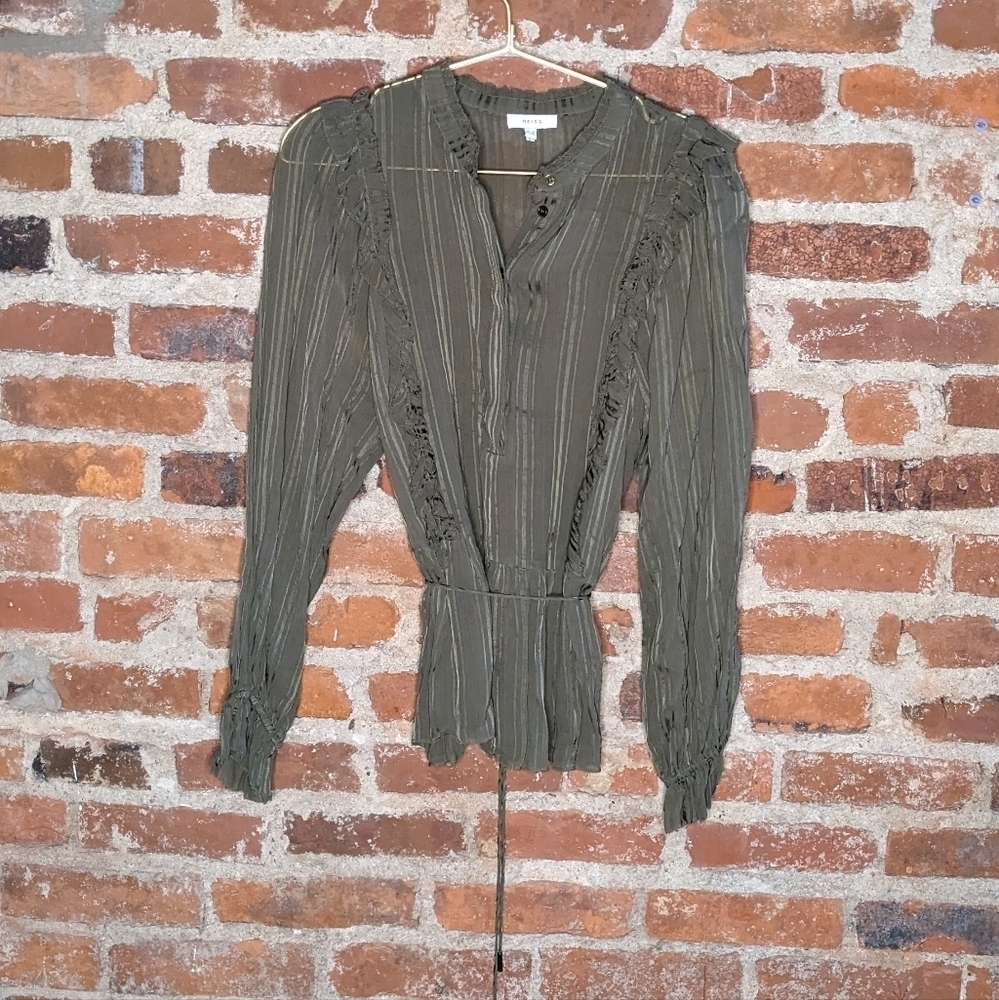 Reiss Size 6 Olive Green Sheer‎ Long Sleeve Ruffled Blouse w/ Belt